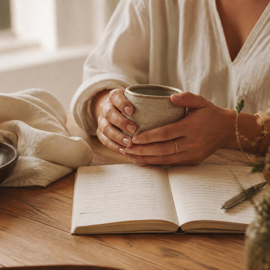 A notebook and warm drink ready for reflection